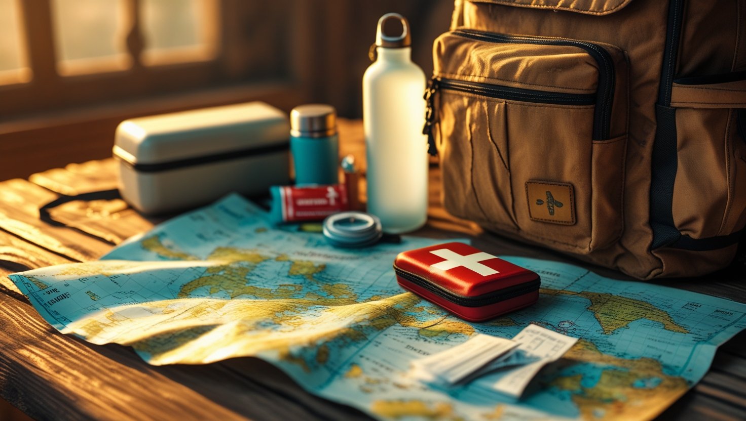 A backpack, map, and travel essentials laid out on a wooden table, ready for a budget trip.