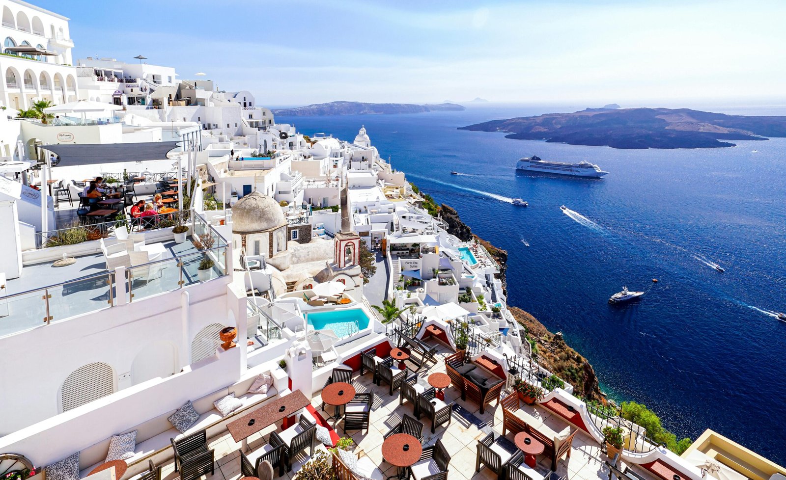 Stunning aerial view of Santorini's architectural beauty with breathtaking ocean views.