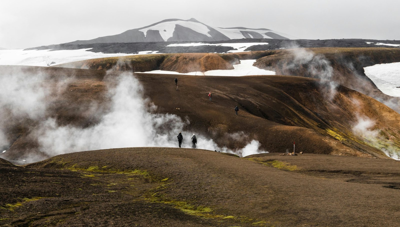 Group of hikers exploring steaming volcanic terrain in Iceland under overcast skies.