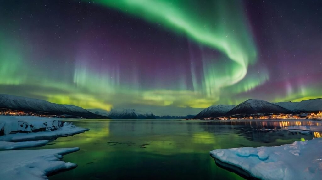 Vibrant northern lights illuminate a serene snow-covered landscape with icy waters.