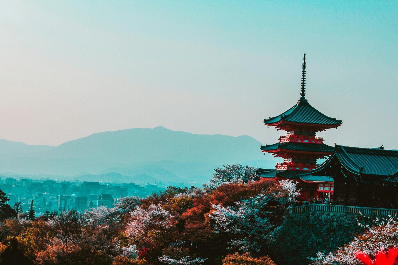 A traditional Japanese temple in Kyoto, surrounded by cherry blossoms, reflecting Japan’s cultural heritage.