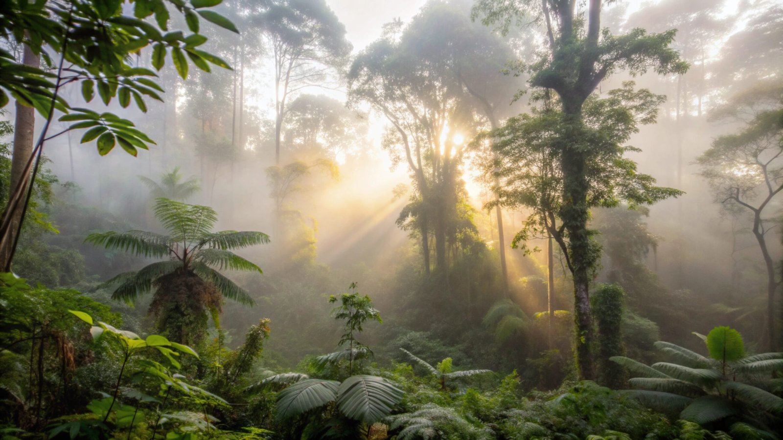 The misty Monteverde Cloud Forest in Costa Rica, with sunlight filtering through the trees and vibrant wildlife in the background.