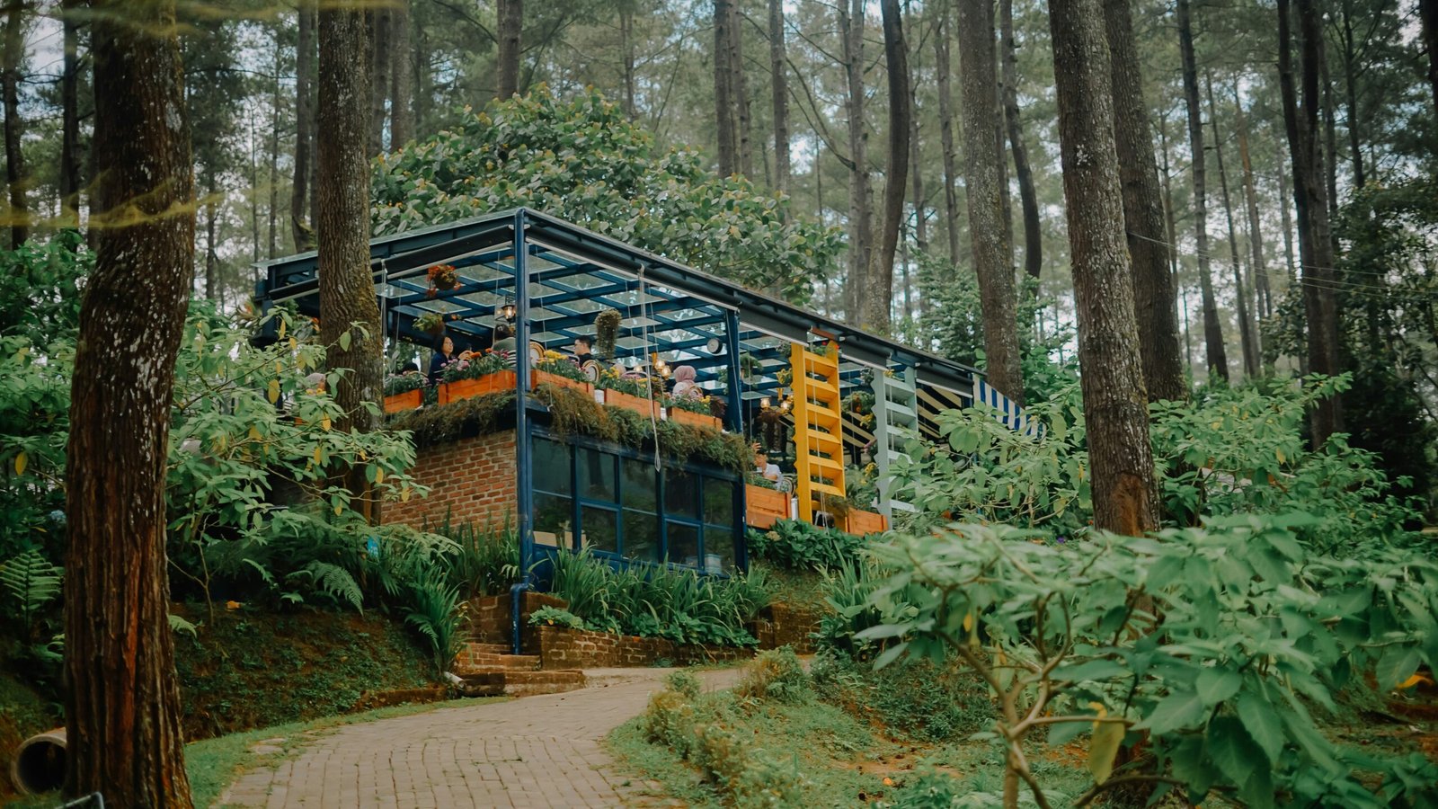 An eco-friendly retreat in a forested area, featuring sustainable practices like solar panels and a tech-free environment.