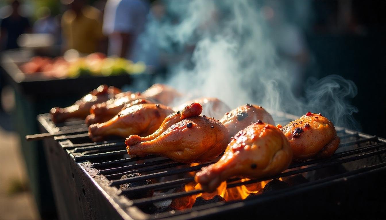 Colorful Jamaican jerk chicken cooking over traditional pimento wood with smoke rising