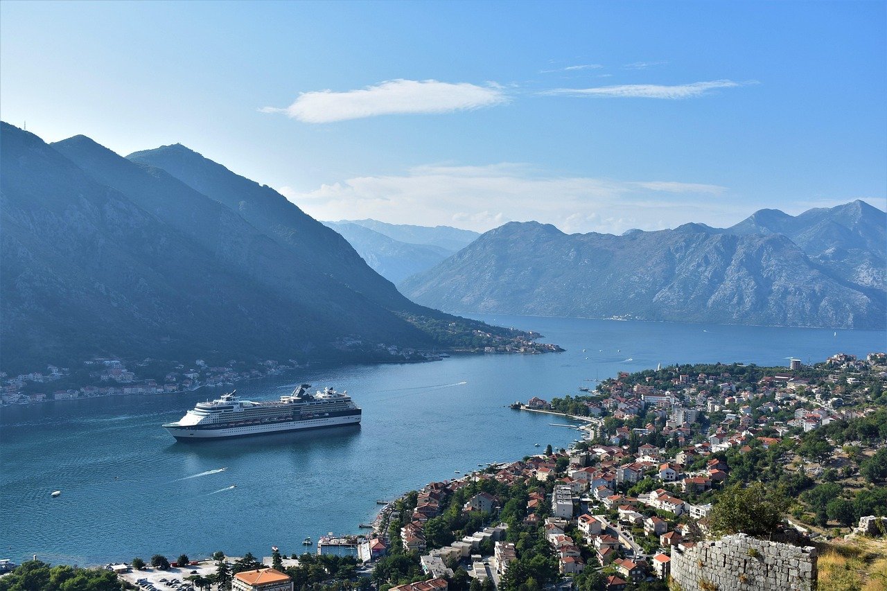 Stunning aerial photograph of Kotor Bay, Montenegro, showcasing coastal architecture and mountainous landscape.