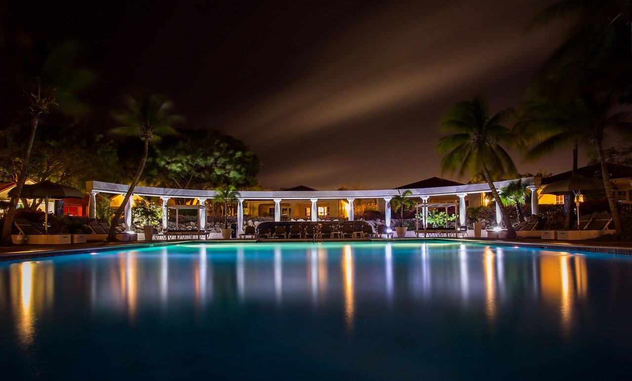 pool, spa, wellness, hotel, resort, nature, relaxation, swimming, vacation, leisure, luxury, relax, beautiful, summer, therapy, holiday, tropical, night, romantic, swimming pool, dark, lights, palm trees
