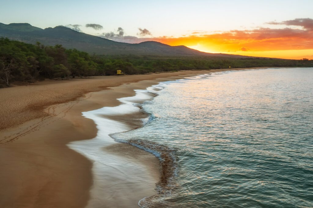 A serene beach in Venezuela at sunset, with clear waters and lush greenery, showcasing a sustainable travel vibe.