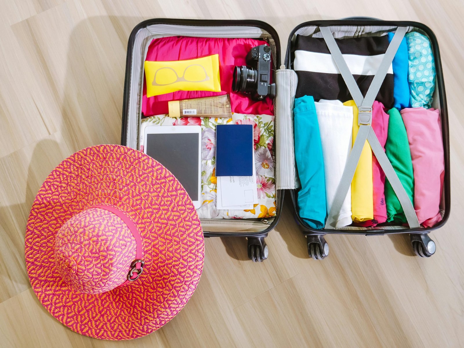 pexels-photo-8212231-8212231 A suitcase packed with adaptable summer wardrobe and accessories for a European journey.