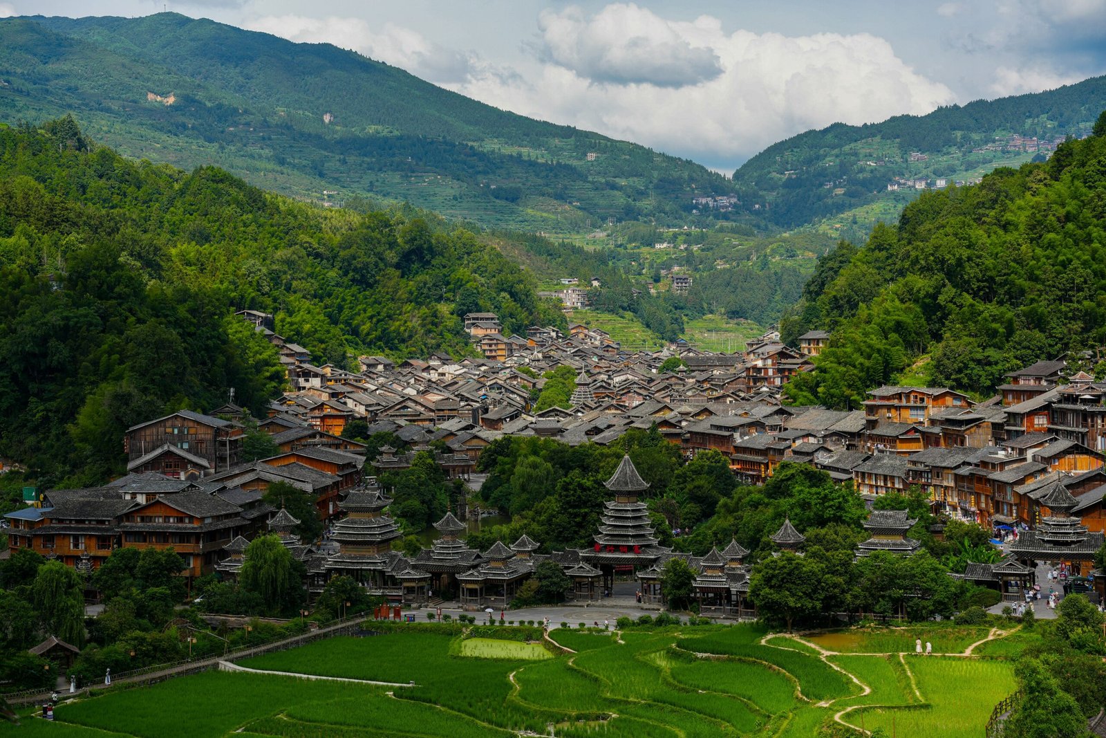 Traditional Japanese village nestled in green mountains