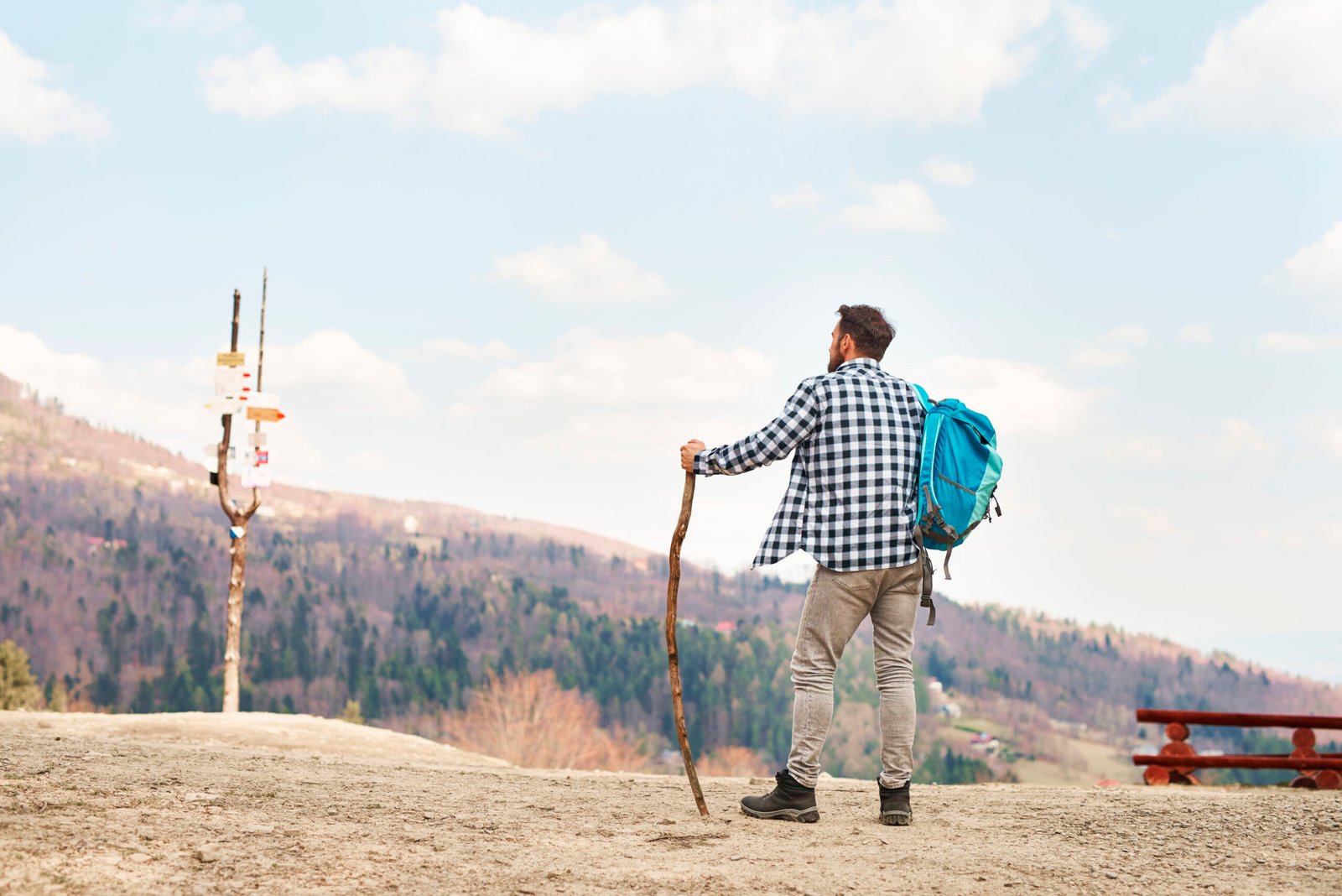 A traveler looking at a map at a crossroads, beautiful landscape.