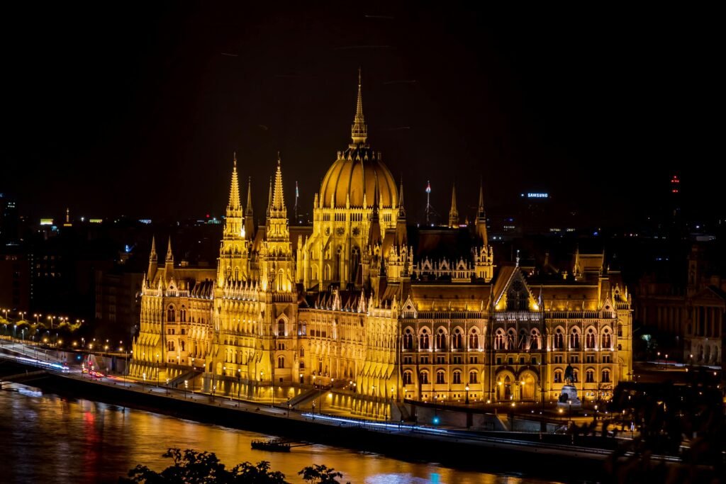 Stunning night shot of the Hungarian Parliament Building in Budapest, beautifully illuminated.