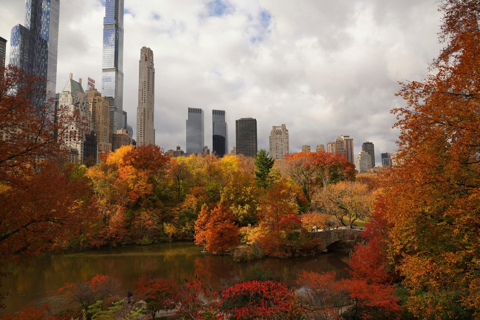 Beautiful autumn foliage in Central Park with New York City skyline in the background.