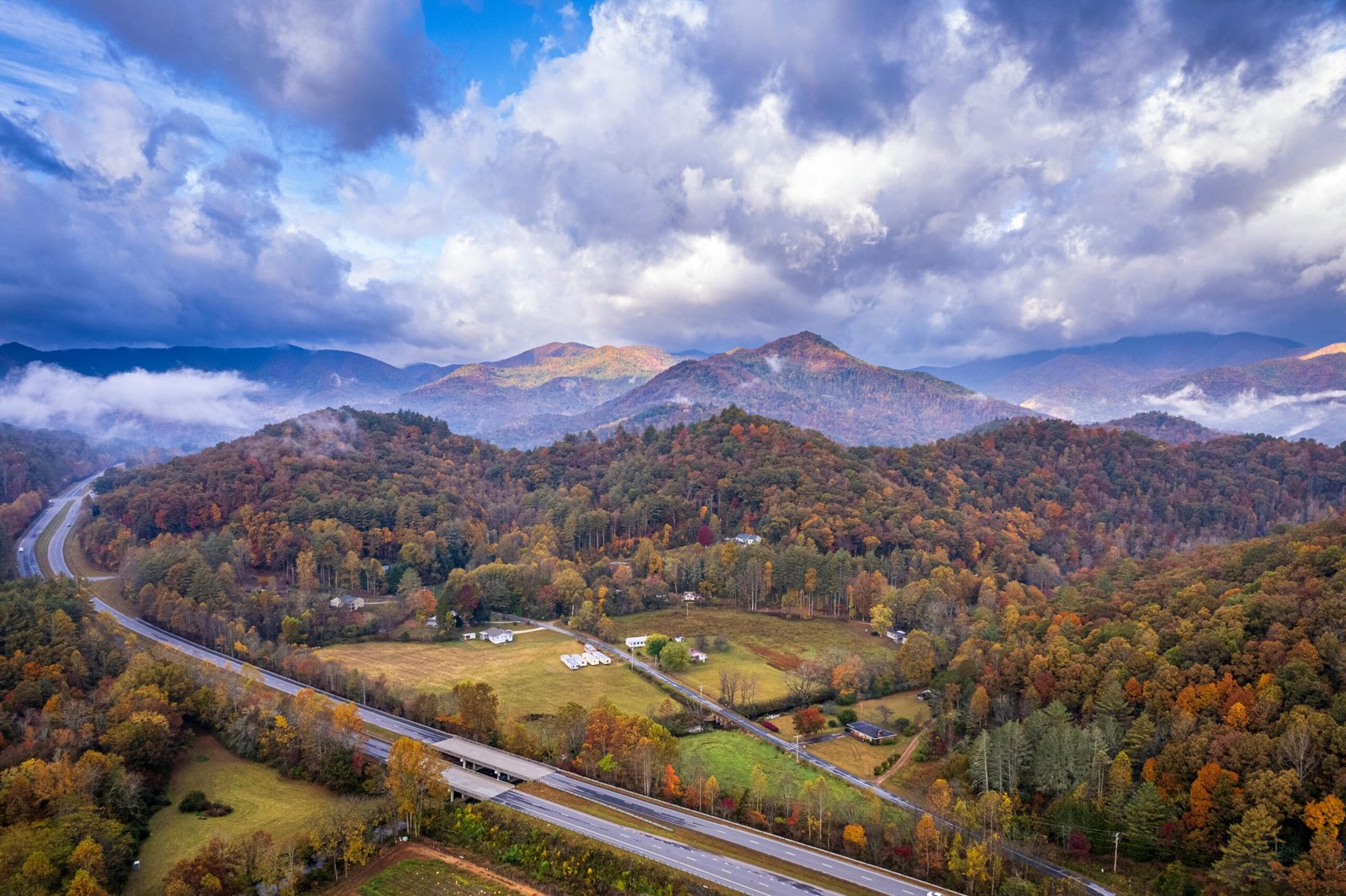 Stunning aerial view of autumn foliage in the mountains near Franklin, North Carolina.