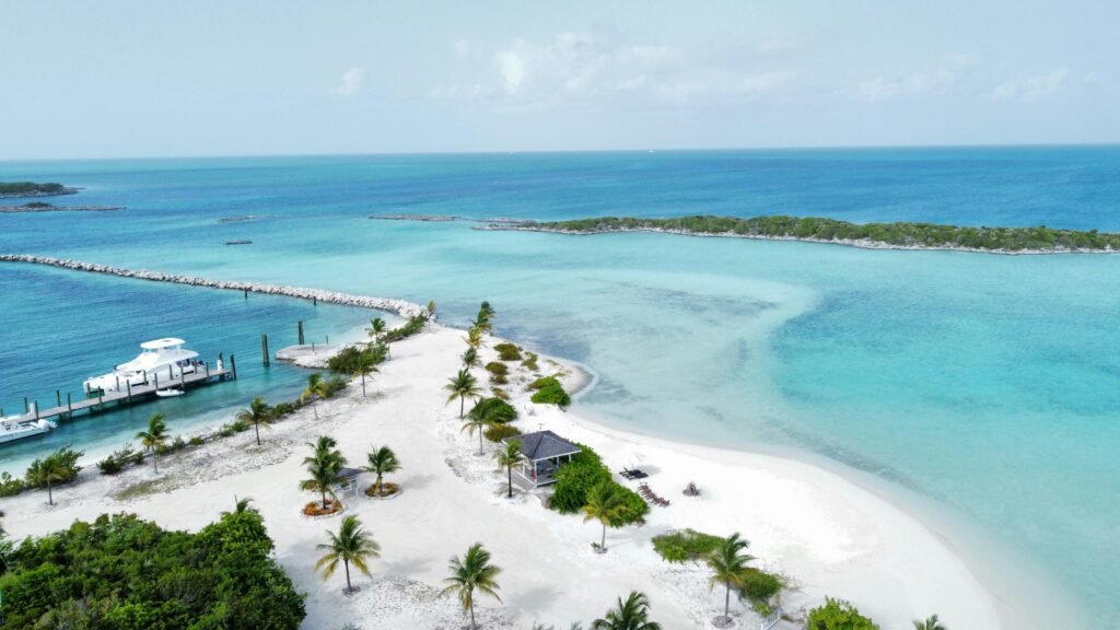 Stunning aerial shot of a tropical beach with clear turquoise waters, perfect for travel inspiration.